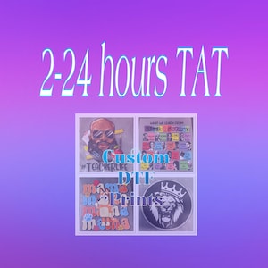 May include: A square image with a purple and blue gradient background features four framed prints. The prints include a portrait with the text "#TEACHERLIFE", a Black History lesson, a "mama" print, and a lion with a crown. The text "2-24 hours TAT" and "Custom DTF Prints" are also visible.
