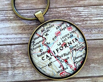 California Map Key Chain, California Keychain, Lassen, Redding, Red Bluff, Chico, Shasta Lake, Mt. Shasta, Weed, Free Shipping, Gift Box