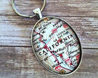 California Map Key Chain, California Keychain, Lassen, Redding, Red Bluff, Chico, Shasta Lake, Mt. Shasta, Weed, Free Shipping, Gift Box