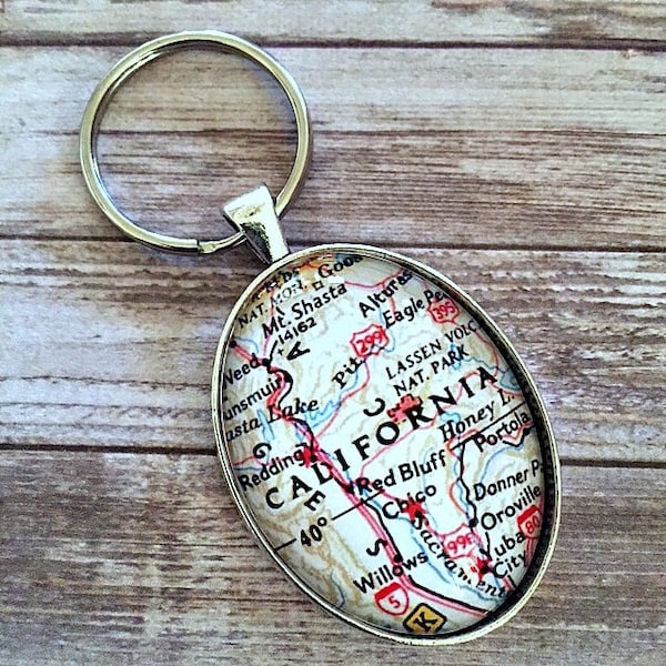 California Map Key Chain, California Keychain, Lassen, Redding, Red Bluff, Chico, Shasta Lake, Mt. Shasta, Weed, Free Shipping, Gift Box