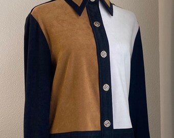 Vintage 90s Faux Suede Color Block Button Up Shirt in Size 4