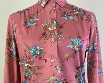 Vintage 70s Floral Print Long Sleeve Shirt in Size S