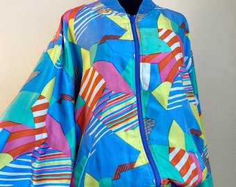 Vintage 80s Silk Windbreaker with Neon Abstract Design in Size L