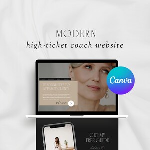 May include: A laptop computer screen displaying a website with the text "HEADLINE HERE TO ATTRACT CLIENTS" and a button that says "Book a session". The website is designed in a modern style with a minimalist aesthetic. The laptop is sitting on a white surface with a smartphone in front of it. The smartphone screen displays the text "GET MY FREE GUIDE" and a button that says "Click here". The image also includes a Canva logo in the upper right corner.