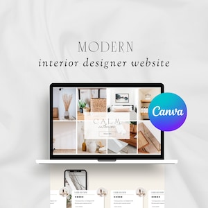 May include: A laptop screen displaying a website for an interior design company called "Calm Interiors". The website features a grid of images showcasing various interior design projects. The laptop is sitting on a white surface with a smartphone and three user reviews below it. The smartphone screen shows a close-up of a plant in a pot. The user reviews are all positive and feature five stars.