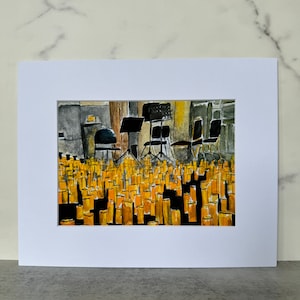 May include: A watercolor painting of a stage with empty chairs and a large number of lit candles in the foreground.