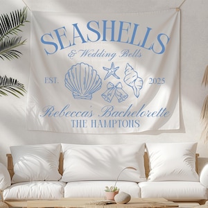 Seashells and Wedding Bells Bachelorette Party Banner Personalized Beach Bachelorette Backdrop Coastal Bachelorette Party Decor Tapestry