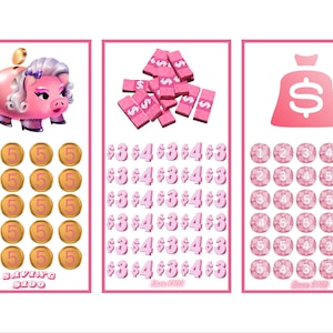 May include: Three pink and white illustrations with a savings theme. The first shows a pig-shaped piggy bank with coins and the text "Saving $200". The second shows stacks of pink money and numbers. The third shows a money bag and circles with numbers.
