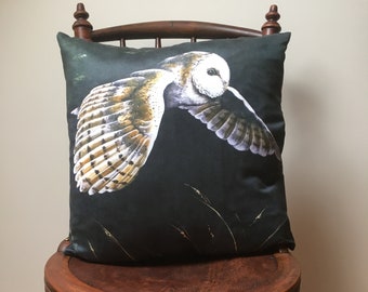 Barn Owl cushion cover from original artwork, vegan suede