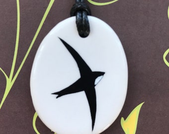 Common Swift bird ceramic pendant necklace. Hand painted.