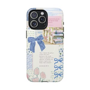 MagSafe Christian Phone Case: Light Blue Bow Coquette Collage, Personalized Bible Verse Cover image 1