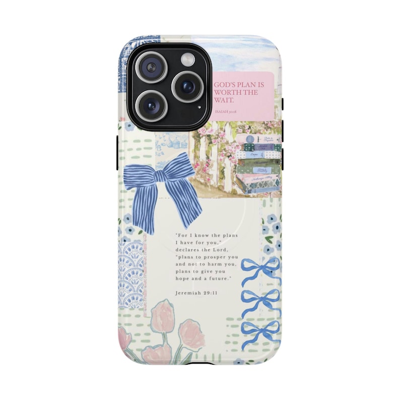 MagSafe Christian Phone Case: Light Blue Bow Coquette Collage, Personalized Bible Verse Cover image 1
