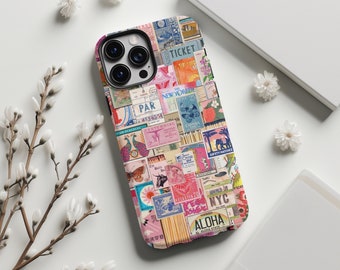 Funda para teléfono con collage de sellos vintage, diseño de viajes retro