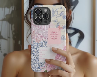 May include: A white phone case with a floral pattern and inspirational quotes. The quotes are "With God all things are possible" and "God is within her, she will not fail."