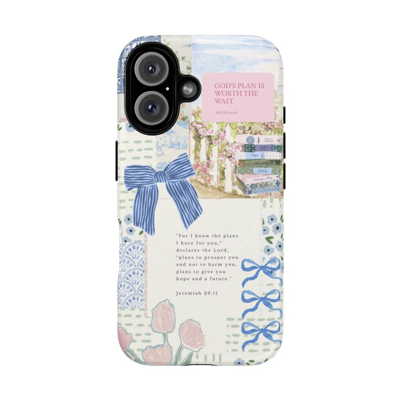 MagSafe Christian Phone Case: Light Blue Bow Coquette Collage, Personalized Bible Verse Cover image 9