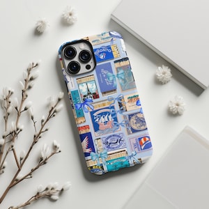 Blue Matchbox Collage Phone Case, Coquette Matches Bows Preppy Aesthetic iPhone 15 14 13 12 11 Pro Max Samsung Galaxy 24 23