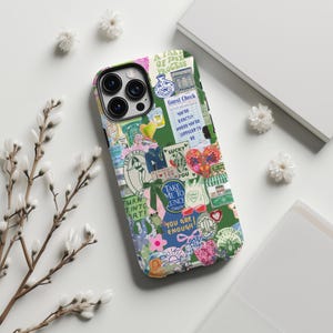 Custodia per iPhone 15 14 13 12 11 Pro Max con citazioni e collage, affermazione verde blu, custodia per telefono, regalo per amor proprio, estetica carina alla moda