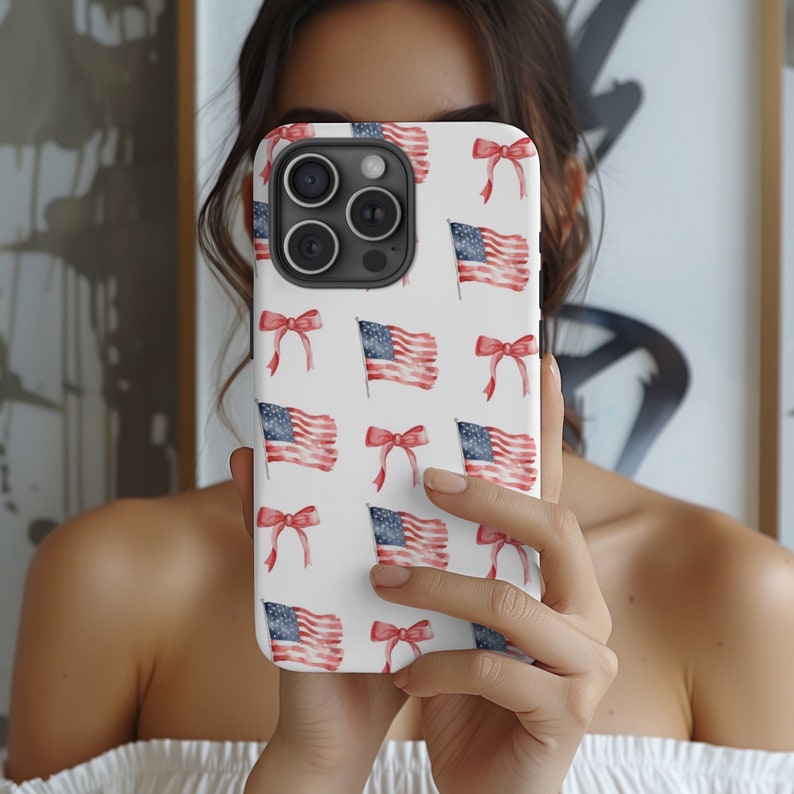 Coquette American Flag Collage Phone Case, USA Patriotic Red Bow iPhone 16 15 14 13 12 11 Pro Max, Samsung Galaxy 24 23