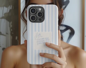 May include: A light blue and white striped phone case with a rectangular design that reads "my hope and strength come from the Lord!" The case has a camera and flash cutout.