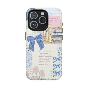 MagSafe Christian Phone Case: Light Blue Bow Coquette Collage, Personalized Bible Verse Cover image 6