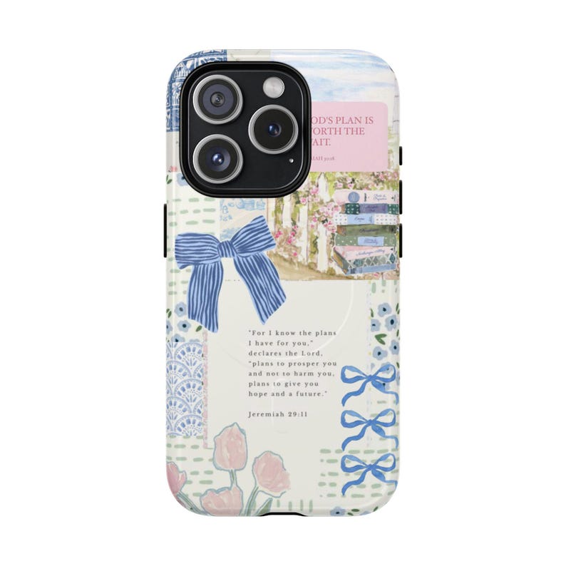 MagSafe Christian Phone Case: Light Blue Bow Coquette Collage, Personalized Bible Verse Cover image 6