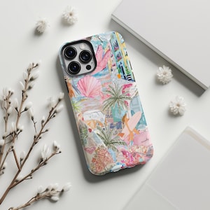 Coque pour iPhone avec collage sur la plage côtière 15 14 13 12 11 Pro Max Samsung Galaxy 22 23 24, nom personnalisé européen été tendance mignon cadeau personnalisé