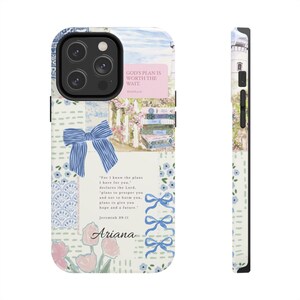 MagSafe Christian Phone Case: Light Blue Bow Coquette Collage, Personalized Bible Verse Cover image 3