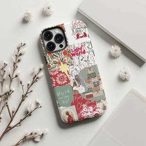 May include: A phone case with a collage design featuring floral patterns, religious imagery, and text. The case includes images of a star, nativity scene, and the text "Glory to the newborn King!" and "Light World". The case has a white background.