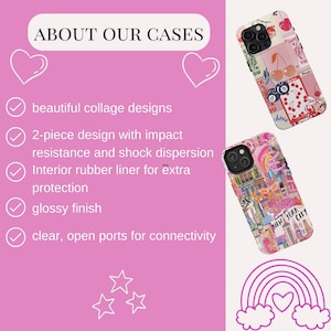 May include: Two phone cases with colorful collage designs. The cases are made of two pieces with impact resistance and shock dispersion. They also have an interior rubber liner for extra protection and a glossy finish. The cases have clear, open ports for connectivity.