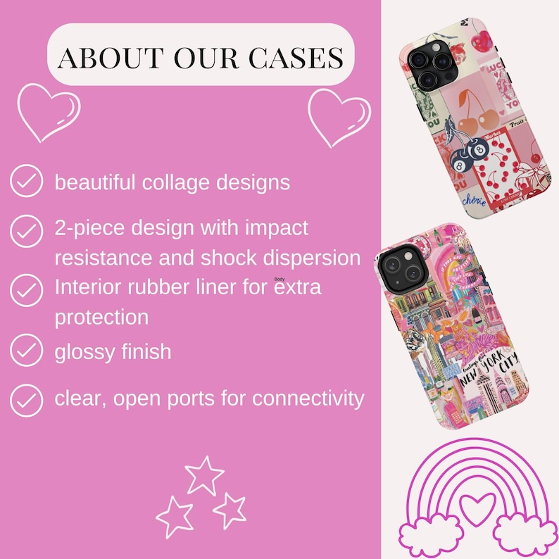 May include: Two phone cases with colorful collage designs. The cases are made of two pieces with impact resistance and shock dispersion. They also have an interior rubber liner for extra protection and a glossy finish. The cases have clear, open ports for connectivity.