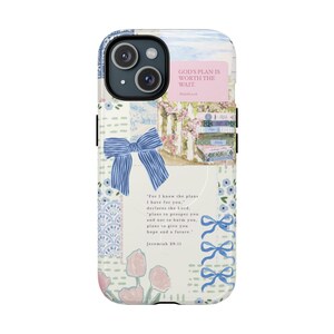 MagSafe Christian Phone Case: Light Blue Bow Coquette Collage, Personalized Bible Verse Cover image 4