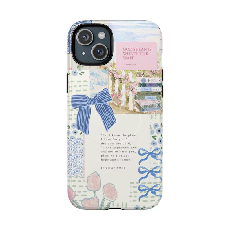 MagSafe Christian Phone Case: Light Blue Bow Coquette Collage, Personalized Bible Verse Cover image 8