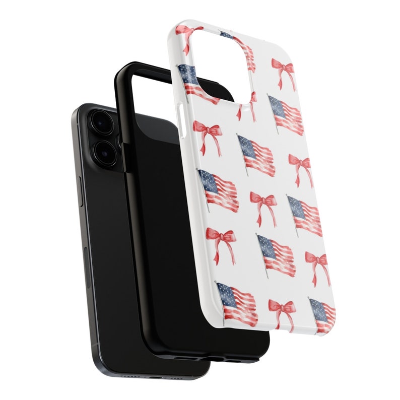 May include: A white phone case with a pattern of red, white, and blue American flags and red bows.