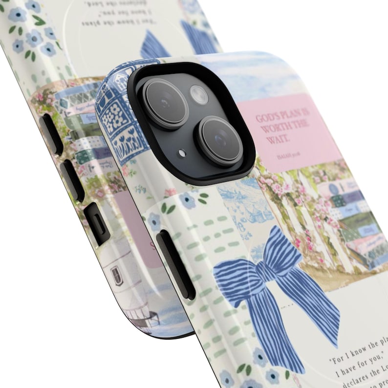 MagSafe Christian Phone Case: Light Blue Bow Coquette Collage, Personalized Bible Verse Cover image 10