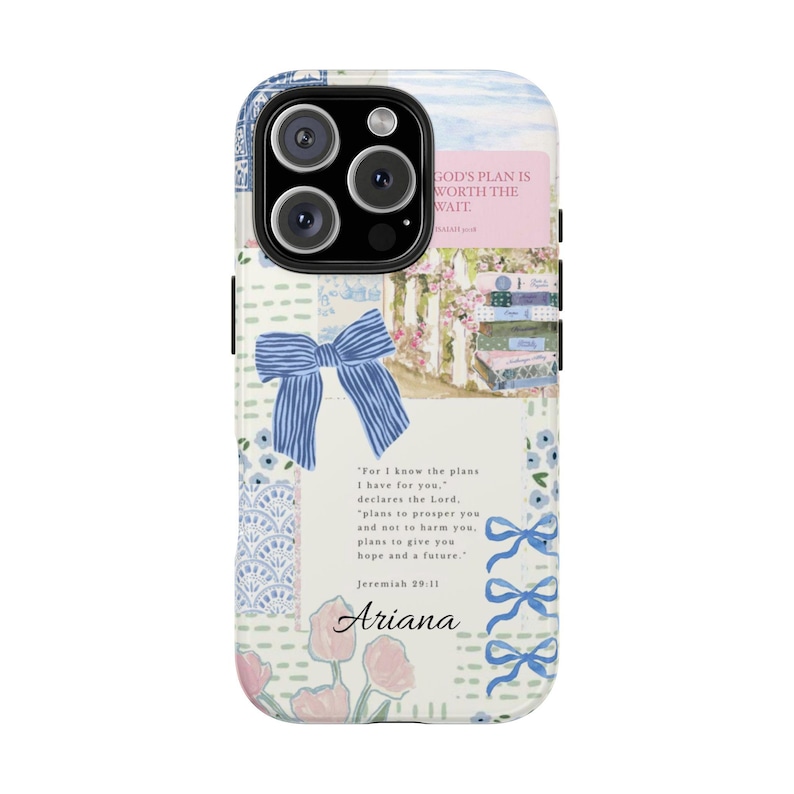 MagSafe Christian Phone Case: Light Blue Bow Coquette Collage, Personalized Bible Verse Cover image 2