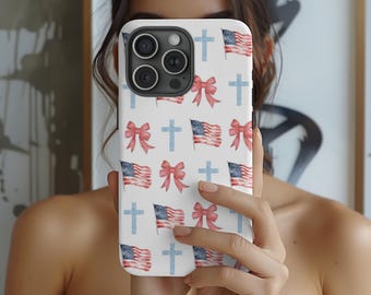 Christian American Flag Phone Case: Patriotic Cross & Bow Design