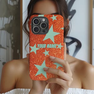 Custom Name Showgirl  iPhone Case: Mint Stars Orange Glitter  Trendy Cover