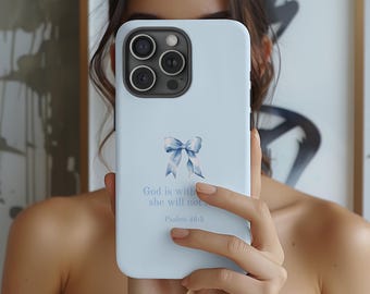 Blue Bow Christian Phone Case: Coquette Jesus Bible Verse Cover