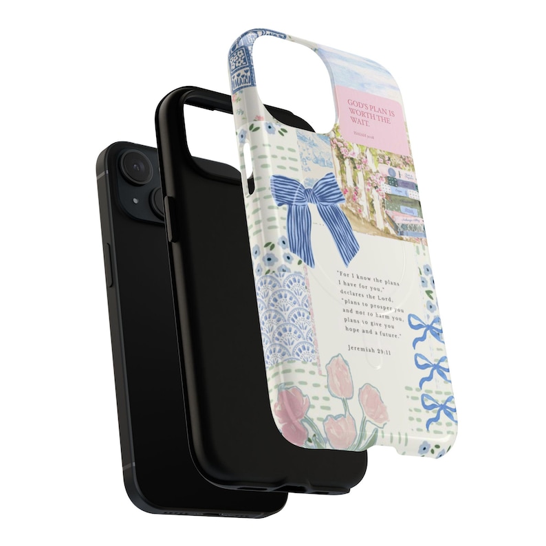 MagSafe Christian Phone Case: Light Blue Bow Coquette Collage, Personalized Bible Verse Cover image 7