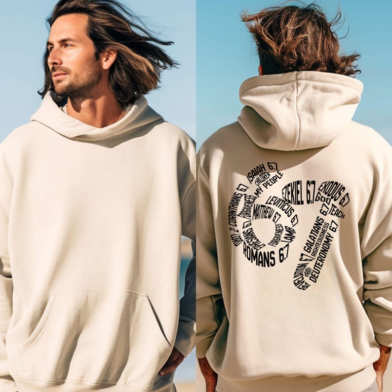 May include: A beige hoodie with a front pocket and a hood. The back of the hoodie features a black graphic with the text "Ezekiel 6:7" surrounded by other biblical verses. The hoodie is worn by a person.