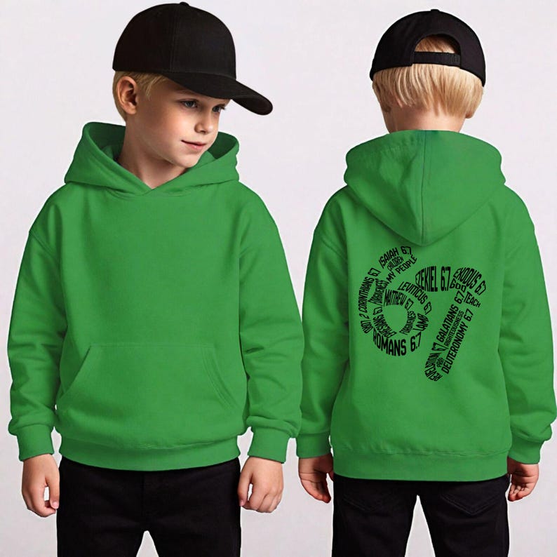 May include: A green hooded sweatshirt with a front pocket and a black baseball cap. The back of the sweatshirt features black text in a circular design, including the words "Ezekiel 67" and other biblical references.