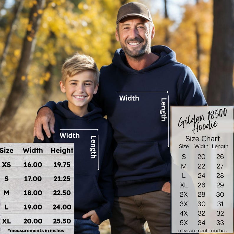 May include: Two people wearing navy blue hoodies, with a size chart for the Gildan 18500 Hoodie. The chart shows measurements in inches, with sizes ranging from XS to 5X. The hoodies have a front pocket and a hood.