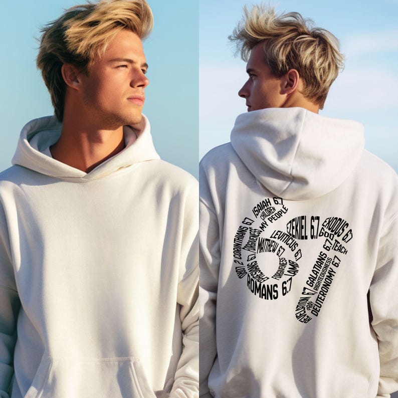 May include: A white hoodie with a front and back view. The back of the hoodie features a black graphic design with the text "Ezekiel 6:7" and other biblical verses. The hoodie is made of a soft, comfortable material.