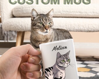 May include: White ceramic mug with a hand-drawn illustration of a tabby cat. The mug has the name "Melissa" written on it in black cursive.