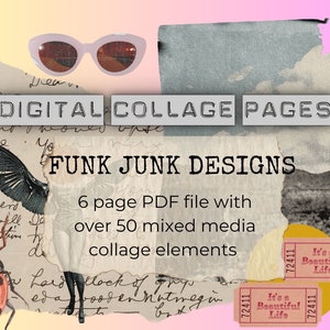 Puede incluir: Páginas de collage digital con más de 50 elementos de medios mixtos. El collage incluye una mariposa, una mariquita, una postal vintage, gafas de sol y boletos que dicen "It's a Beautiful Life".