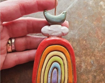 Rainbow, Cloud & Bird / Ceramic and Copper Card/Photo Holder