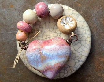 Pink Love / Hollow Ceramic And Copper Heart Pendant And Bead Set