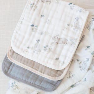 Organic Muslin Gauze Thick Absorbant Burp Cloths | Ivy Ducks Bunnies Blue Green Fawn & Foster Baby Newborn Textiles Blankets Receiving
