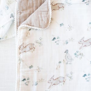 Organic Muslin Gauze Thick Quilt | Ivy Hollow Ducks Bunnies Blue Green Fawn & Foster Organic Baby Newborn Textiles Blanket Receiving Swaddle