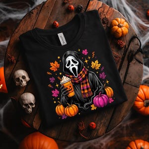 Trendy Ghostface Halloween PNG, Cozy Coffee Ghost Sublimation, Girly Spooky Season Shirt Design, Cute Fall Digital Download